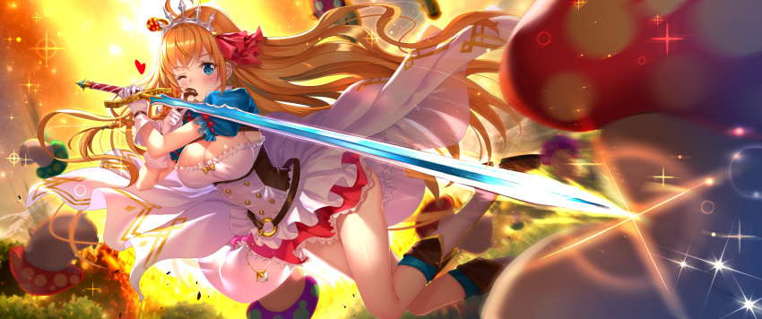 1girl absurdres ahoge bangs blue_eyes blue_legwear blurry blurry_background blurry_foreground blush boots breasts cleavage clip_studio_paint_(medium) commentary_request depth_of_field eyebrows_visible_through_hair food frills glowing hair_ribbon highres holding holding_food holding_sword holding_weapon large_breasts long_hair looking_at_viewer mushroom one_eye_closed orange_hair outdoors pecorine pleated_skirt princess_connect! princess_connect!_re:dive puffy_short_sleeves puffy_sleeves red_ribbon red_skirt ribbed_legwear ribbon short_sleeves shrug_(clothing) skirt socks solo sparkle sword swordsouls tiara very_long_hair weapon white_footwear