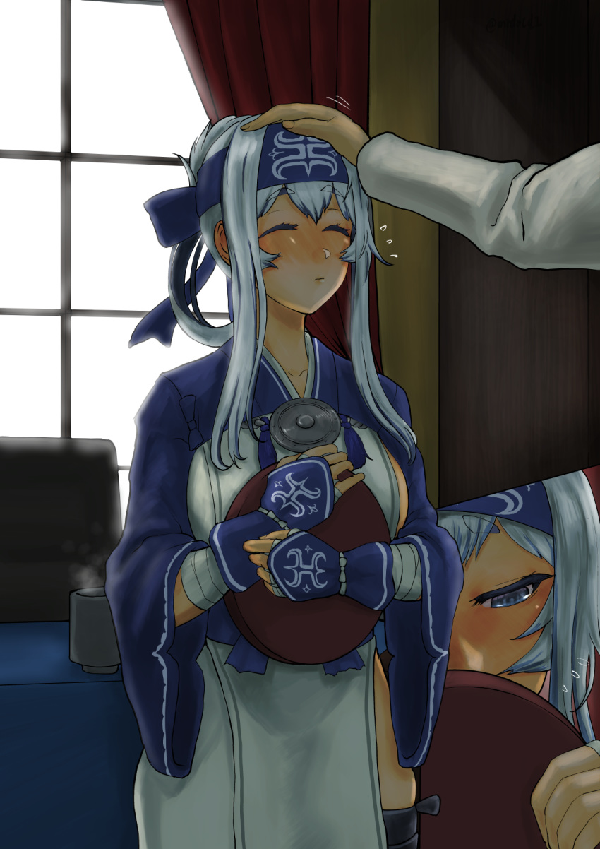 1boy 1girl admiral_(kantai_collection) ainu_clothes blue_eyes closed_eyes commentary_request cropped_jacket dress folded_ponytail headband highres holding holding_tray kamoi_(kantai_collection) kantai_collection mrdotd multiple_views sidelocks sleeveless sleeveless_dress solo_focus tray white_dress white_hair wrist_guards