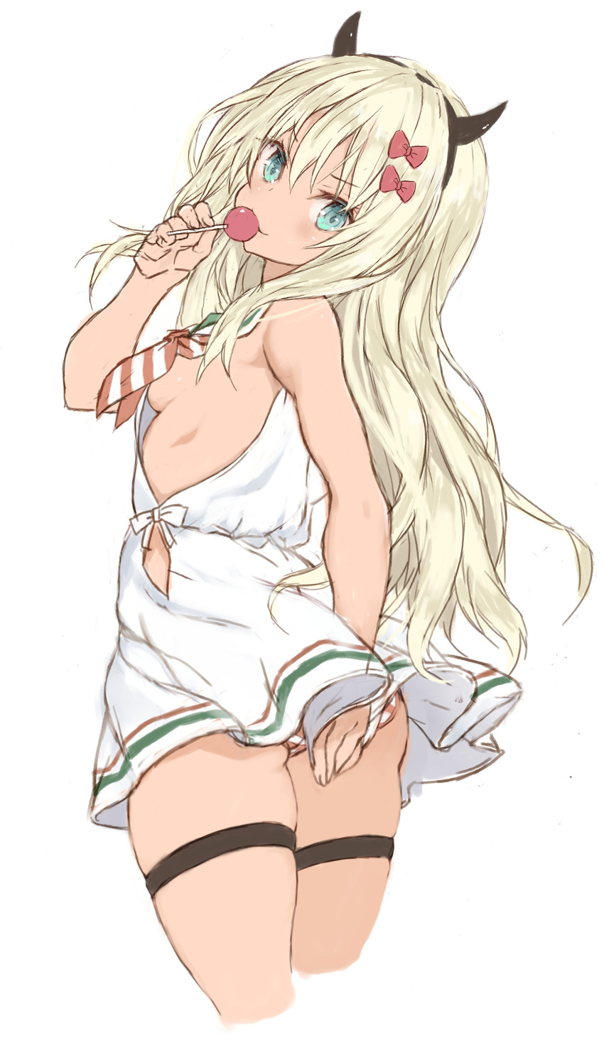 1girl absurdres aqua_eyes artist_name ass bare_arms bare_shoulders black_hairband blonde_hair blush breasts candy covering covering_ass cropped_legs demon_horns dress eating eyebrows_visible_through_hair fake_horns food goekawa grecale_(kantai_collection) hairband highres holding holding_food horns kantai_collection leaning_forward lollipop long_hair neckerchief sideboob simple_background sleeveless sleeveless_dress small_breasts smug solo striped striped_neckwear thigh_strap v-shaped_eyebrows very_long_hair white_background white_dress