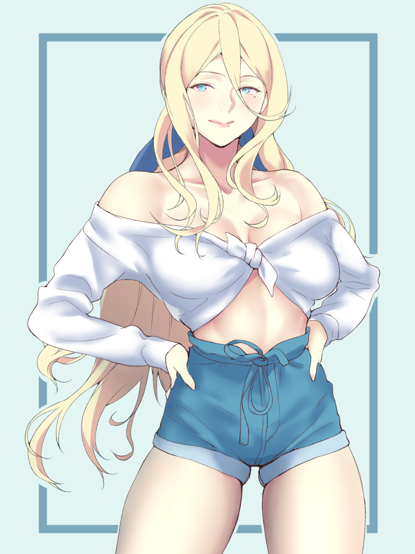 1girl alternate_costume blonde_hair blue_eyes blue_shorts breasts cleavage collarbone cowboy_shot hair_between_eyes hands_on_hips highres kantai_collection long_hair long_sleeves looking_at_viewer medium_breasts midriff mole mole_under_eye mole_under_mouth richelieu_(kantai_collection) shingyo shirt short_shorts shorts smile solo standing tied_shirt white_shirt