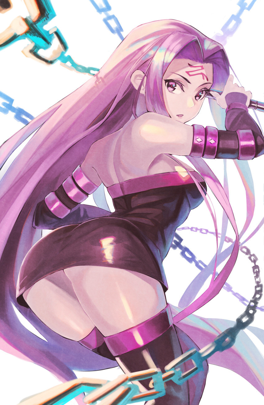 1girl absurdres arched_back ass back bangs bare_shoulders black_dress black_footwear boots breasts chain detached_sleeves dress facial_mark fate/stay_night fate_(series) forehead forehead_mark highres huge_filesize long_hair looking_at_viewer looking_back nameless_dagger parted_bangs parted_lips purple_eyes purple_hair rider short_dress thigh_boots thighhighs thighs very_long_hair white_background you-6-11