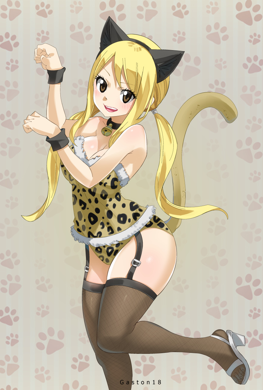 1girl absurdres animal_ears bare_shoulders blonde_hair blush breasts brown_eyes cat cleavage collar eyebrows_visible_through_hair eyes_visible_through_hair fairy_tail fake_animal_ears feet_out_of_frame gaston18 hair_between_eyes high_heels highres large_breasts leotard looking_at_viewer lucy_heartfilia open_mouth paw_pose sandals sleeveless solo standing standing_on_one_leg teeth thighhighs tongue twintails