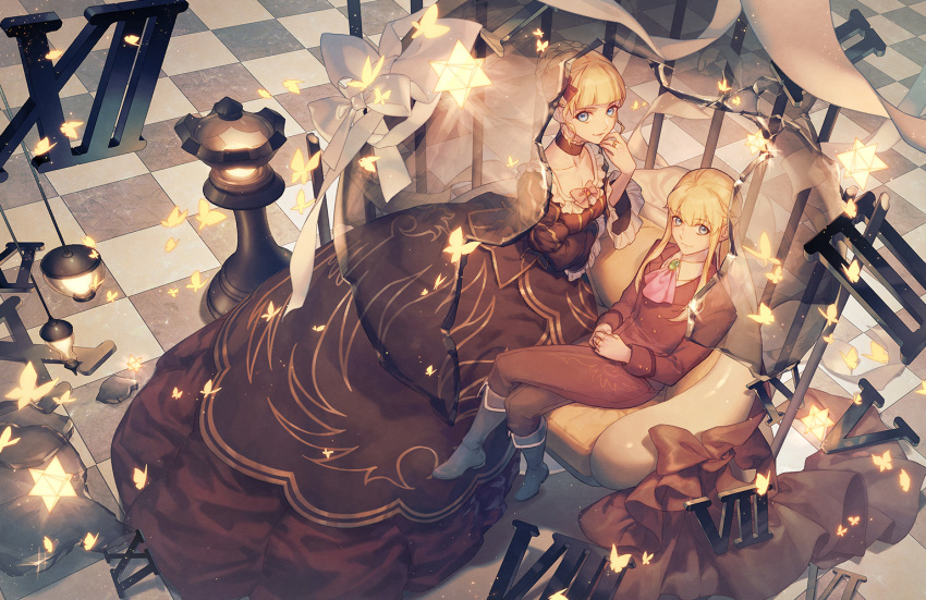1boy 1girl aluce beatrice blonde_hair blue_eyes boots bow bug butterfly checkered checkered_floor chess_piece choker collared_shirt couch cravat crossed_legs dress flower hair_bun hair_flower hair_ornament insect jewelry ponytail red_flower red_rose ring roman_numerals rose shirt sitting smile umineko_no_naku_koro_ni ushiromiya_lion wide_sleeves yellow_butterfly