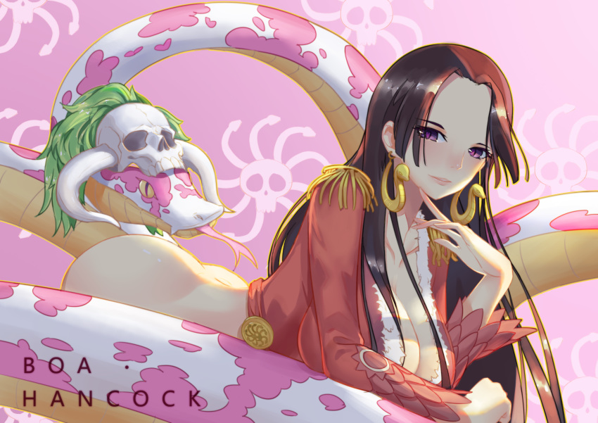 1girl absurdres amazon ass black_hair blue_lantern_qaq blush boa_hancock bottomless breasts cleavage collarbone epaulettes highres large_breasts leaning_forward long_hair long_sleeves looking_at_viewer one_piece purple_eyes red_shirt salome_(one_piece) shichibukai shirt snake_earrings solo very_long_hair