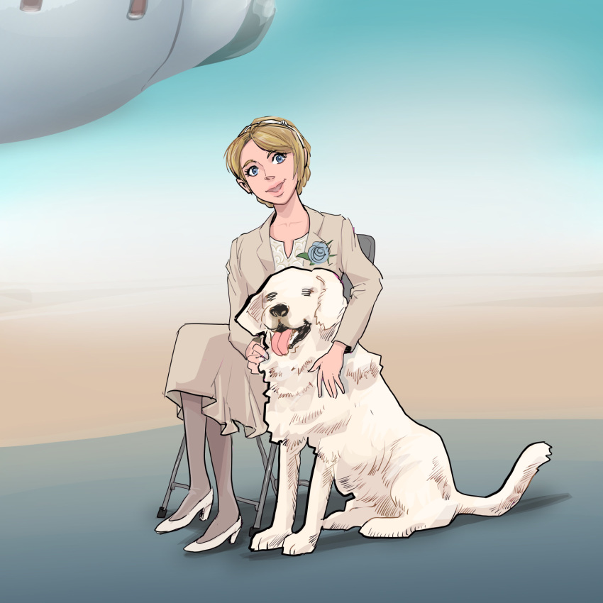 1:1 ace_combat aircraft bird_dog bishopbb blonde_hair blue_eyes canid canine canis clothing crown domestic_dog dress eyes_closed footwear fur golden_retriever hair hi_res high_heels human hunting_dog jpeg_dog mammal retriever rosa_cossette_d'elise shoes tiara tongue tongue_out yellow_body yellow_fur