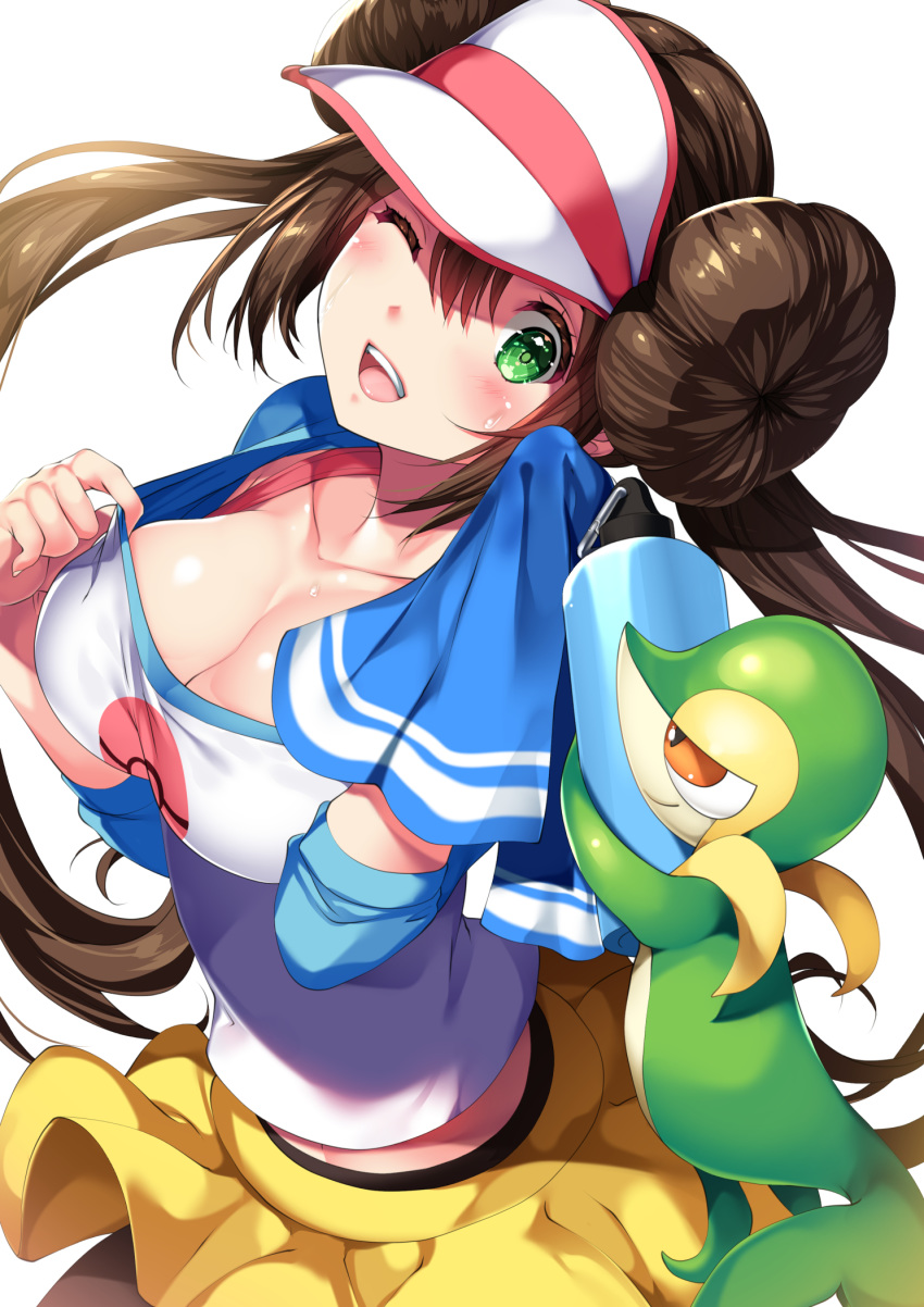 1girl black_legwear bottle breasts brown_hair cleavage clip_studio_paint_(medium) commentary_request double_bun gen_5_pokemon green_eyes highres holding holding_towel large_breasts long_hair looking_at_viewer mei_(pokemon) one_eye_closed pantyhose photoshop_(medium) pokemon pokemon_(game) pokemon_bw2 shirt shorts simple_background smile snivy tamiya_akito towel twintails very_long_hair visor_cap water_bottle white_background white_headwear white_shirt wiping_sweat yellow_shorts