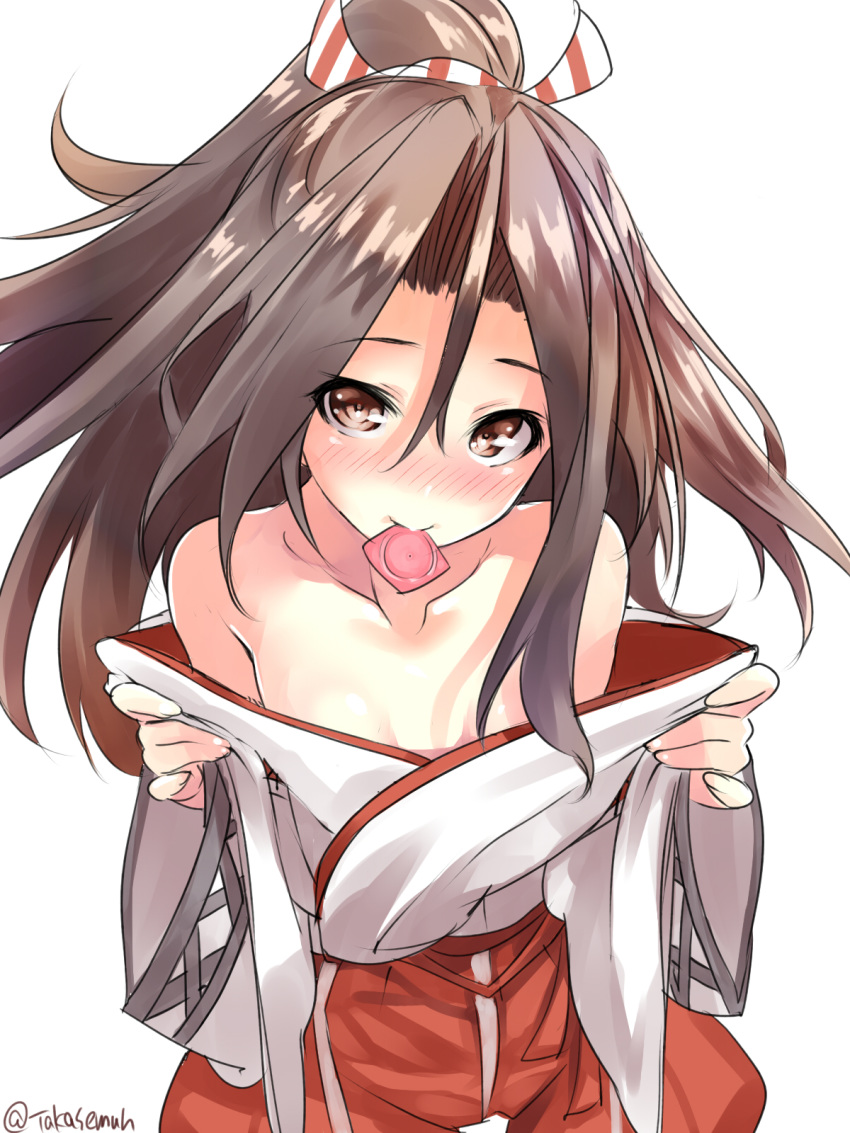 1girl bare_shoulders brown_eyes commentary_request condom_wrapper grey_hair hachimaki hakama_pants headband high_ponytail highres japanese_clothes kantai_collection long_hair looking_at_viewer mouth_hold ponytail simple_background solo takase_muu undressing upper_body white_background zuihou_(kantai_collection)