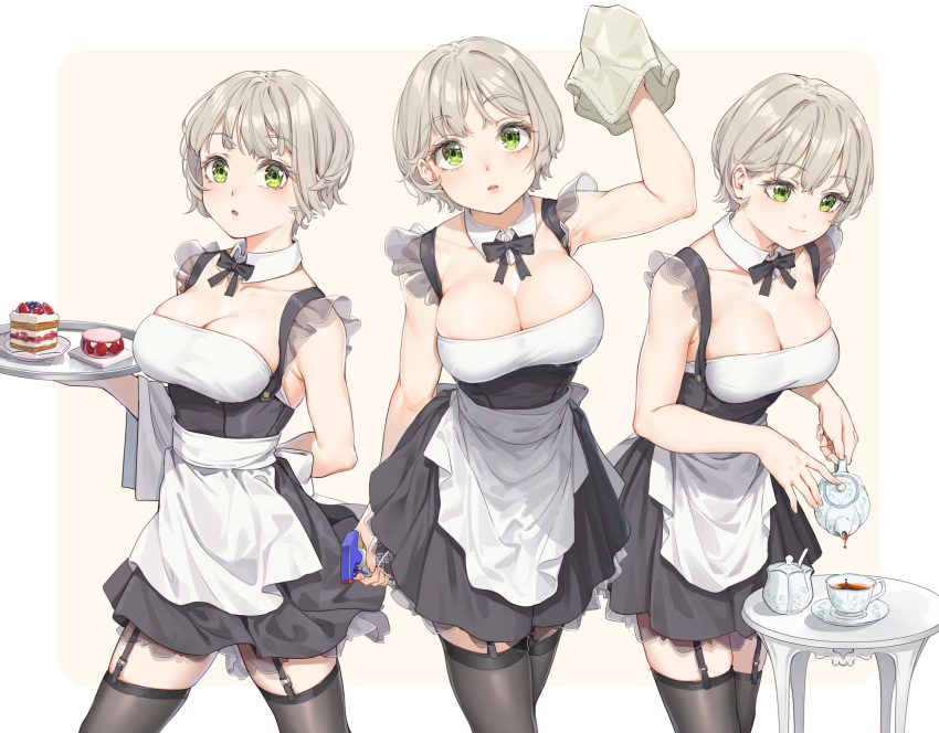 1girl apron arm_up armpit_crease armpits bare_arms bare_shoulders black_dress black_legwear bow bowtie breasts cake cleavage collarbone cowboy_shot cup dessert detached_collar dress fangxiang_cuoluan food frilled_dress frills garter_straps green_eyes highres holding large_breasts maid maid_apron multiple_views original parted_lips pouring short_dress short_hair silver_hair skindentation sleeveless sleeveless_dress slice_of_cake smile standing tea teacup teapot thighhighs tray waist_apron zettai_ryouiki