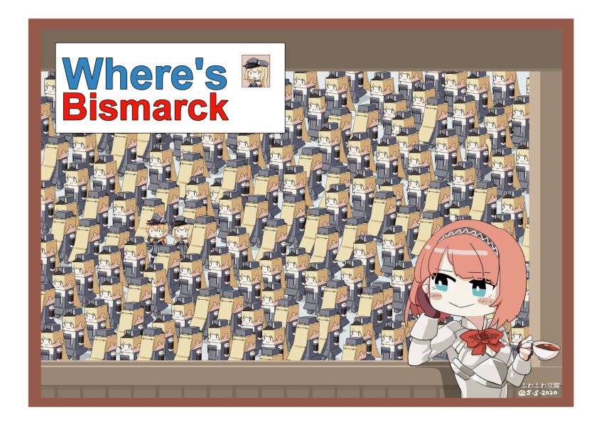 :&gt; absurdres ark_royal_(kantai_collection) bismarck_(kantai_collection) blonde_hair blush_stickers commentary_request cup dated fingerless_gloves fuwafuwatoufu gloves hairband head_rest highres kantai_collection parody prinz_eugen_(kantai_collection) red_hair signature teacup where's_wally