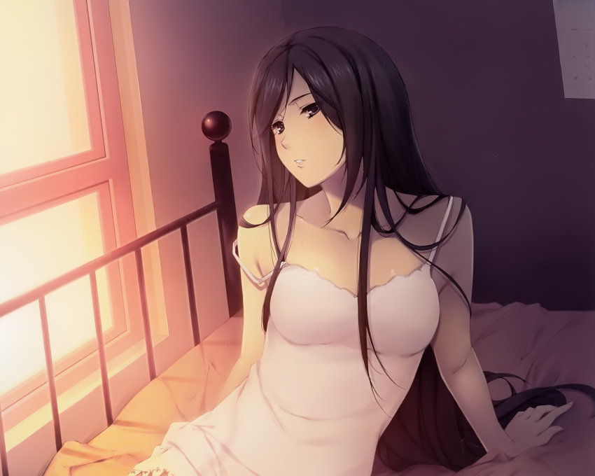 bed black_eyes black_hair cropped dress long_hair scan sugina_miki