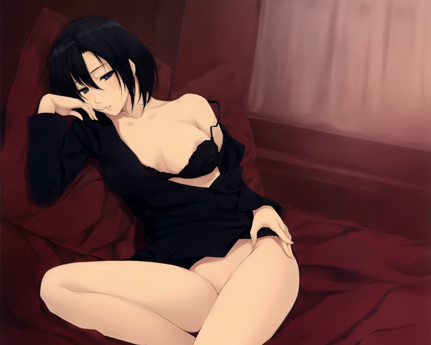 bed black_eyes black_hair blush bra cropped nopan scan short_hair sugina_miki underwear