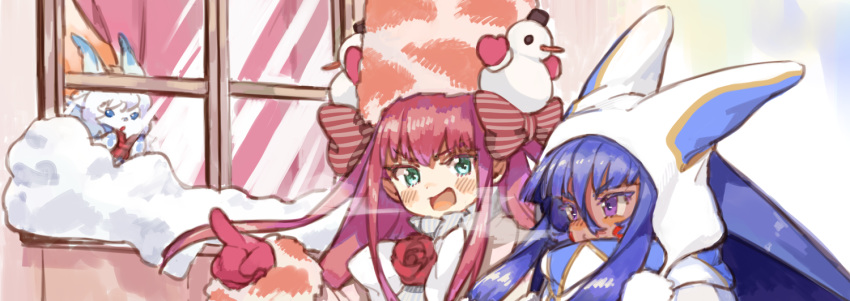 2girls :d amana_(pocketkey) aqua_eyes bangs blush bow coat dark_skin elizabeth_bathory_(fate) elizabeth_bathory_(fate)_(all) facial_mark fate/grand_order fate_(series) fou_(fate/grand_order) fur_trim hair_between_eyes hair_bow hat long_hair mittens multiple_girls nitocris_(fate/grand_order) open_mouth purple_eyes purple_hair smile snow winter_clothes winter_coat