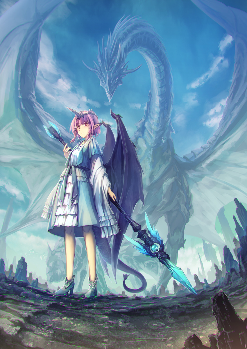 1girl blue_dress blue_sky clip_studio_paint_(medium) cloud cloudy_sky commentary_request day dragon dragon_girl dragon_tail dragon_wings dress eyebrows_visible_through_hair fisheye high_heels highres holding holding_spear holding_weapon horns landscape long_sleeves looking_at_viewer original photoshop_(medium) polearm purple_hair red_eyes short_hair sidelocks single_horn sky spear tail tenmaso weapon white_dress wide_sleeves wings