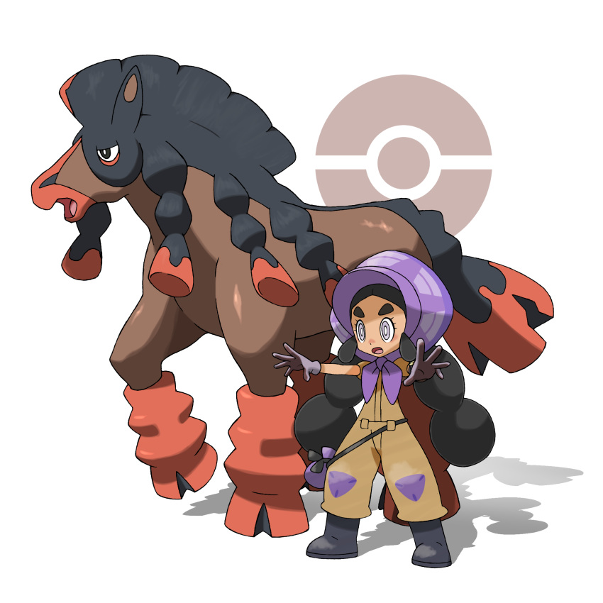 1girl bag black_footwear black_hair bonnet boots brown_jumpsuit commentary_request eyelashes gen_7_pokemon gloves grey_eyes hapu'u_(pokemon) highres island_kahuna jumpsuit long_hair mudsdale official_style open_mouth outstretched_arms poke_ball_symbol pokemon pokemon_(creature) pokemon_(game) pokemon_sm purple_bag purple_headwear short_sleeves size_difference standing teru_zeta thick_eyebrows tongue twintails very_long_hair white_background