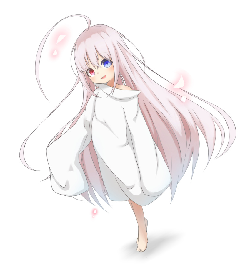 1girl :d ahoge bangs bare_shoulders barefoot blue_eyes clip_studio_paint_(medium) commentary_request eyebrows_visible_through_hair full_body grey_hair hair_between_eyes heterochromia highres idaten93 long_hair long_sleeves off_shoulder open_mouth original oversized_clothes oversized_shirt red_eyes ruua_(idaten93) shirt sleeves_past_fingers sleeves_past_wrists smile solo standing very_long_hair