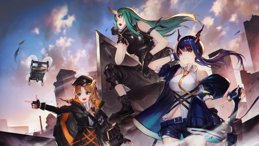 3girls :d absurdres animal_ears arknights arm_on_knee armband bag bangs black_footwear black_gloves black_headwear black_jacket black_pants black_shirt black_skirt blue_hair blue_jacket blue_shorts blue_sky boots breastplate breasts building cabbie_hat ch'en_(arknights) city closed_mouth cloud cloudy_sky collared_shirt commentary cowboy_shot cross-laced_footwear day dragon_horns dress_shirt drill_hair drone english_commentary fang finger_gun fingerless_gloves gloves green_eyes green_hair hand_in_hair hand_on_hilt hannya_(arknights) hat highres horns hoshiguma_(arknights) jacket jun_wei light_smile lion_ears long_hair medium_breasts midriff multiple_girls necktie off_shoulder oni_horns open_clothes open_jacket open_mouth orange_hair outdoors pants parted_bangs photoshop_(medium) pointing red_eyes shield shirt short_shorts shorts shoulder_bag side_drill sitting skirt sky sleeveless sleeveless_shirt smile swire_(arknights) sword turtleneck twin_drills twintails weapon white_shirt wind wing_collar yellow_eyes yellow_neckwear