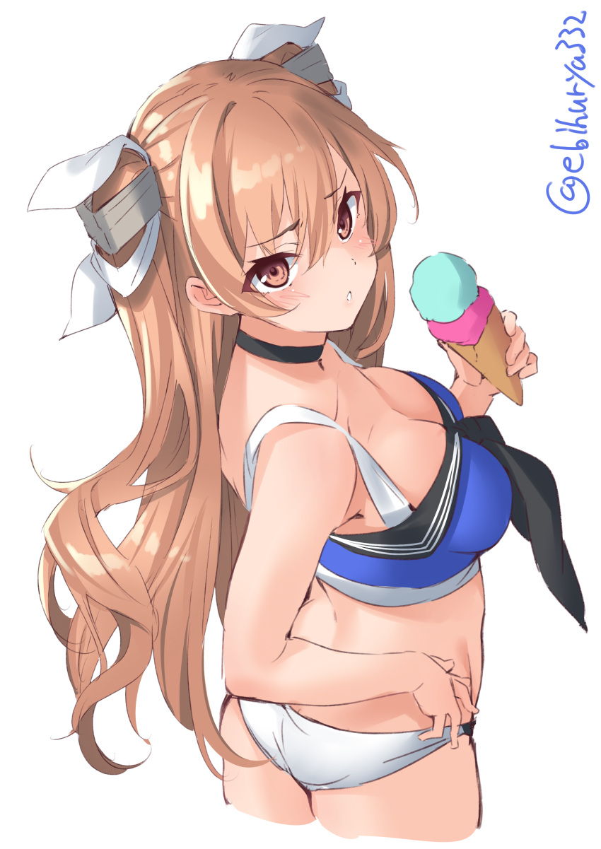 1girl absurdres bikini blue_bikini blush breasts brown_eyes cleavage cropped_legs ebifurya enty_reward eyebrows_visible_through_hair food hair_between_eyes highres holding holding_food ice_cream johnston_(kantai_collection) kantai_collection light_brown_hair long_hair looking_at_viewer looking_back medium_breasts paid_reward parted_lips simple_background solo swimsuit twitter_username two_side_up white_background