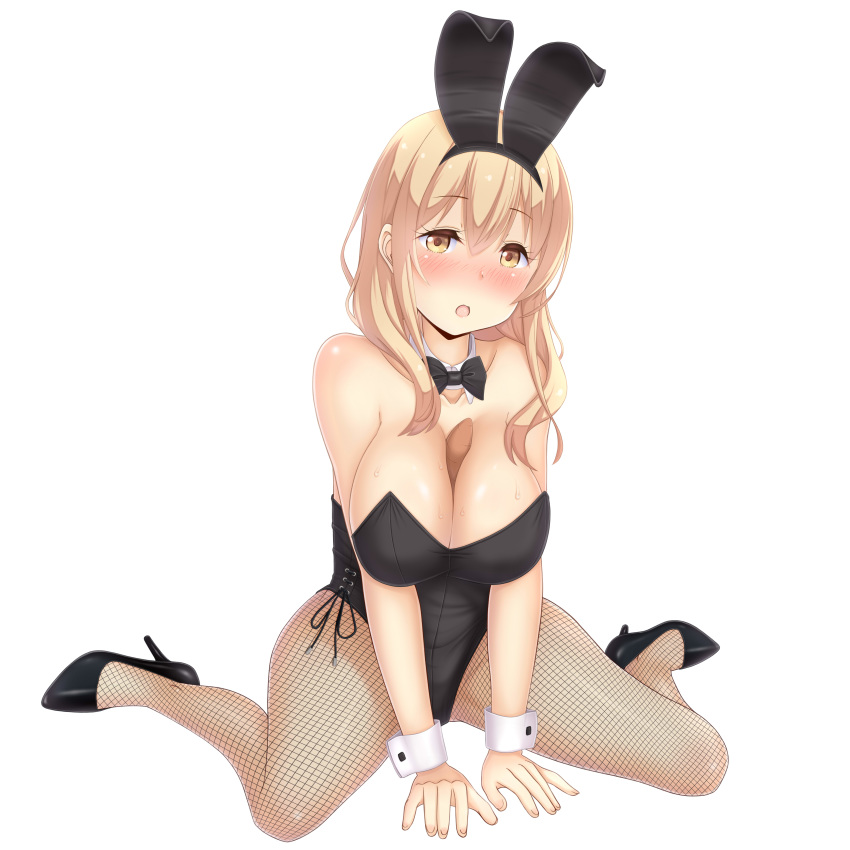 1girl absurdres animal_ears between_breasts black_leotard black_neckwear blonde_hair bow bowtie breasts bunny_ears bunny_girl bunnysuit commentary_request detached_collar fishnet_legwear fishnets highres large_breasts leotard long_hair looking_at_viewer pantyhose sainohikari sexually_suggestive simple_background sitting solo sunohara_ayaka sunoharasou_no_kanrinin-san wariza white_background wrist_cuffs