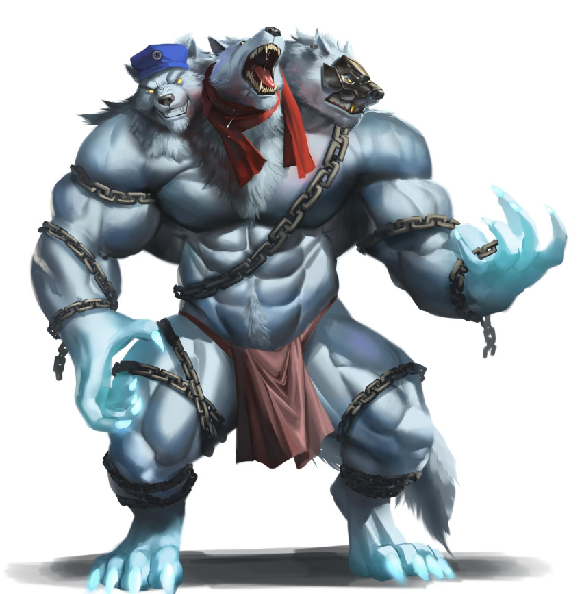 2020 absurd_res anthro armor barefoot baring_teeth big_muscles black_nose blue_claws blue_clothing blue_hat blue_headwear canid canine canis cerberus chain claws clothing digitigrade echin european_mythology fur glowing glowing_eyes greek_mythology grey_body grey_fur guard hat headgear headwear hi_res loincloth male mammal mask mostly_nude multi_head muscular muscular_male mythology neck_tuft police police_officer roaring scarf simple_background small_head snarling solo teeth tuft wolf yellow_eyes