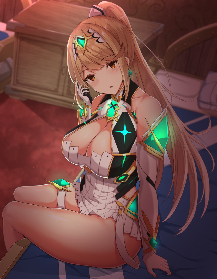 1girl alternate_hairstyle bangs bare_shoulders bed bed_sheet blonde_hair blush breasts chest_jewel cleavage cleavage_cutout commentary_request dress earrings elbow_gloves eyebrows_visible_through_hair gem gloves hair_ornament hair_tie headpiece high_ponytail highres hikari_(xenoblade_2) jewelry lamp large_breasts long_hair looking_at_viewer noeomi on_bed open_mouth pillow ponytail short_dress sitting sitting_on_bed solo swept_bangs thigh_strap thighs tiara very_long_hair white_dress xenoblade_(series) xenoblade_2 yellow_eyes