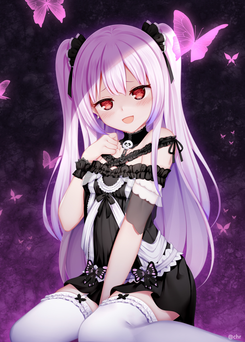 1girl :d animal bangs bare_shoulders between_legs black_collar black_dress black_ribbon blush breasts bug butterfly chain chrisandita collar dress eyebrows_visible_through_hair frilled_legwear hair_ribbon hand_between_legs hand_up highres hololive insect looking_at_viewer open_mouth pink_hair red_eyes ribbon see-through shaded_face sitting skull small_breasts smile solo thighhighs twitter_username two_side_up uruha_rushia virtual_youtuber wariza white_legwear