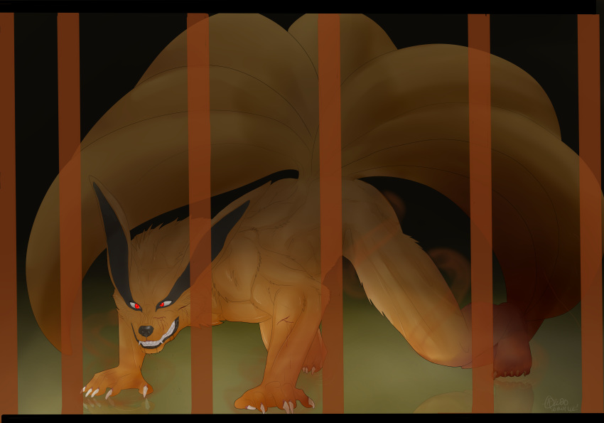 absurd_res aggressive angry anthro asian_mythology cage canid canine claws crouching darkness defensive east_asian_mythology fox fox_spirit hi_res high_quality hybrid jenklinbullterrier_(artist) kurama large_res male mammal muscular muscular_male mythology naruto naruto_ naruto_(series) naruto_shippuden nude plantigrade red_eyes snarling solo tailed_beast video_games white_claws