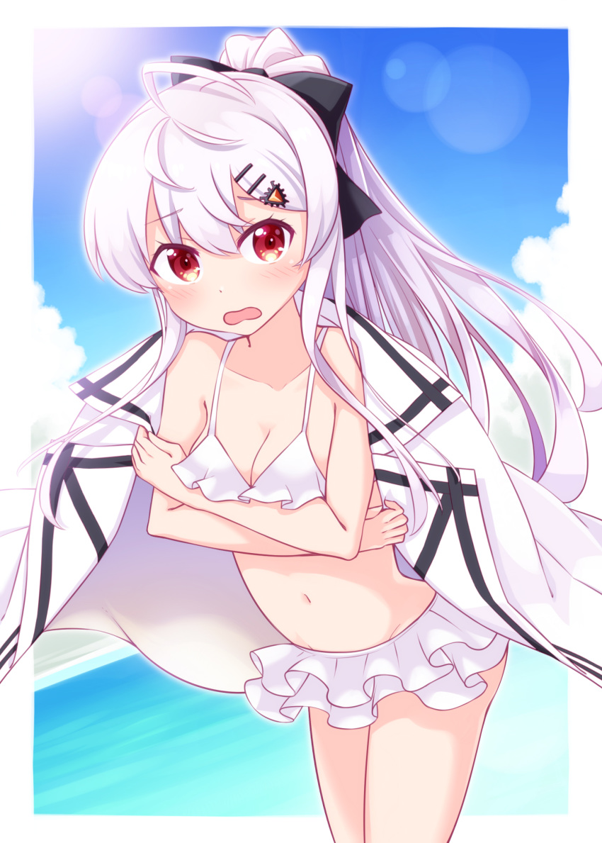 ahoge bangs bare_shoulders bikini black_bow blush bow breast_hold breasts cleavage collarbone commentary_request day eyebrows_visible_through_hair frilled_bikini frills girls_frontline hair_between_eyes hair_bow hair_ornament hairclip haradaiko_(arata_himeko) highres horizon iws-2000_(girls_frontline) jacket jacket_on_shoulders long_hair navel ocean open_mouth ponytail red_eyes small_breasts swimsuit very_long_hair water white_bikini white_hair white_jacket