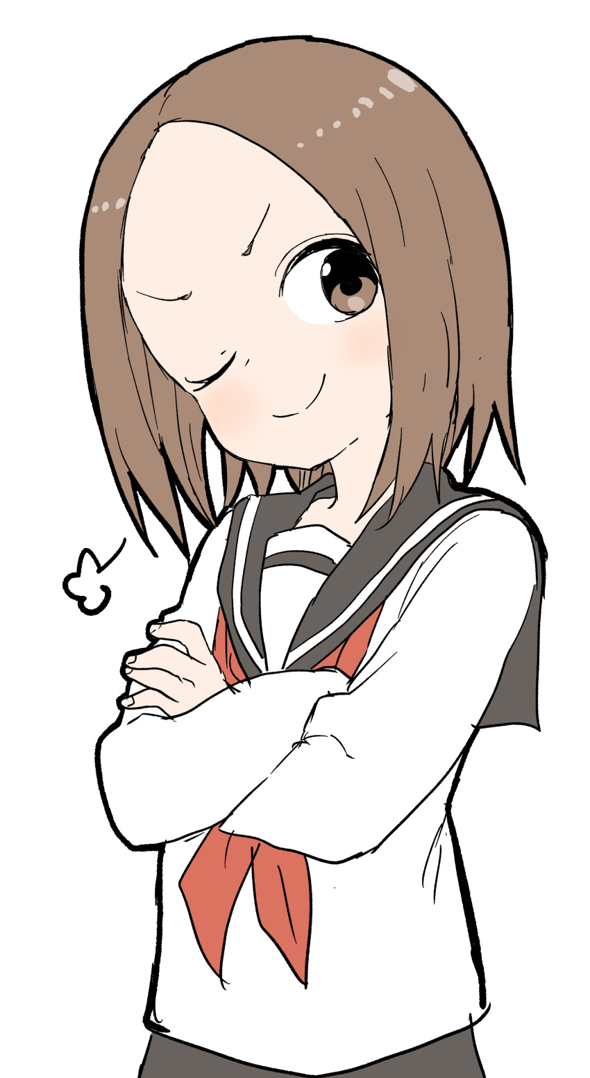 1girl ;) absurdres bangs black_sailor_collar black_skirt blush brown_eyes brown_hair closed_mouth commentary_request crossed_arms forehead head_tilt highres karakai_jouzu_no_(moto)_takagi-san long_sleeves neckerchief nishikata_chii official_art one_eye_closed parted_bangs red_neckwear sailor_collar school_uniform serafuku shirt short_hair simple_background skirt smile solo v-shaped_eyebrows white_background white_shirt yamamoto_souichirou