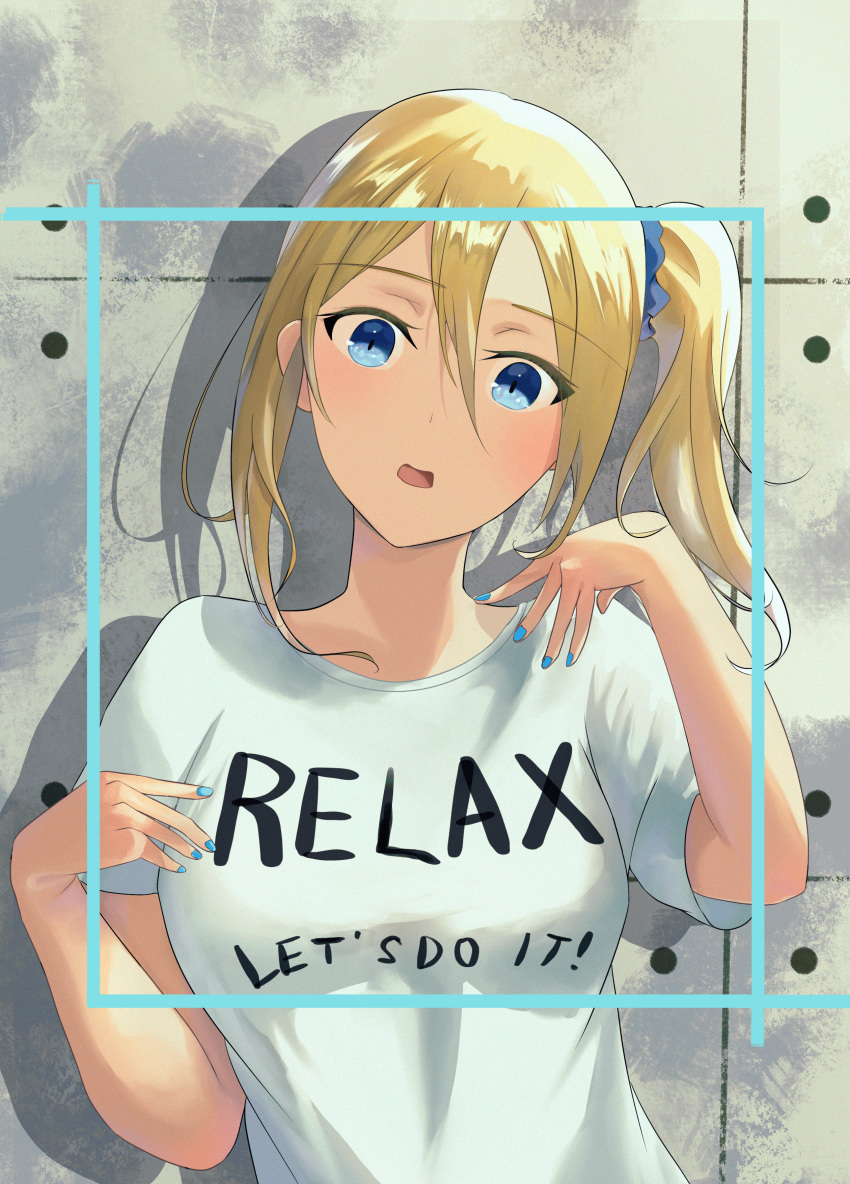 1girl absurdres aikawa_lotus bangs blonde_hair blue_border blue_eyes blue_nails border breasts commentary commentary_request eyebrows_visible_through_hair frame grey_background hair_between_eyes hair_ornament hair_scrunchie hayasaka_ai highres kaguya-sama_wa_kokurasetai_~tensai-tachi_no_renai_zunousen~ looking_at_viewer medium_breasts open_mouth partial_commentary scrunchie shadow shirt short_sleeves side_ponytail simple_background solo two-tone_background white_shirt yellow_background