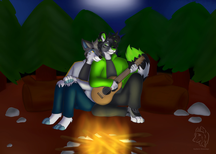 aiden_(skitch) anthro campfire canid canine canis clothed clothing deacon_(skitch) duo felid guitar hi_res leopard male male/male mammal musical_instrument pantherine plucked_string_instrument romantic_ambiance romantic_couple sarkery_drawings smile string_instrument wolf