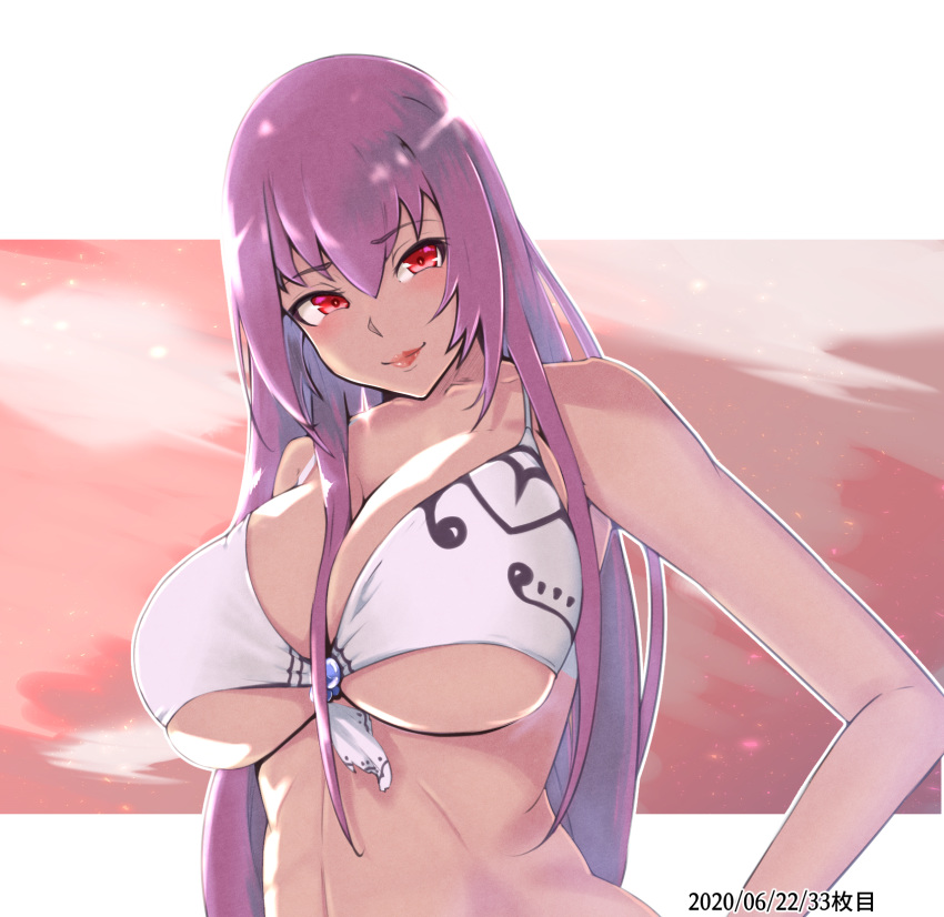 1girl alternate_costume bikini breasts cloud cloudy_sky dated fate/grand_order fate_(series) highres large_breasts lips purple_hair red_eyes scathach_(fate)_(all) scathach_skadi_(fate/grand_order) sky smile solo sunset swimsuit zumizu
