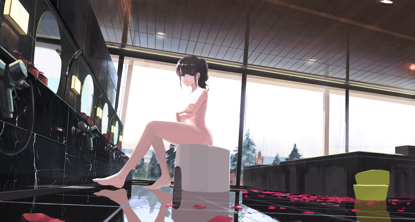 1girl absurdres black_hair blue_eyes chain covering covering_breasts crossed_arms highres huge_filesize indoors long_hair marble mirror nude original orval reflection sitting solo