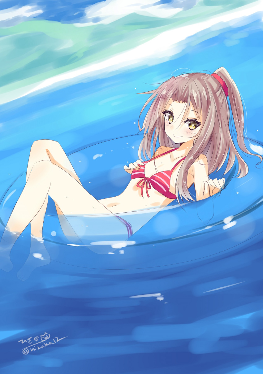 1girl alternate_costume bikini blue_sky blush breasts brown_eyes brown_hair closed_mouth cloud day eyebrows_visible_through_hair hair_ribbon highres hizaka kantai_collection lifebuoy long_hair looking_at_viewer lying navel ocean on_back outdoors ponytail ribbon sky small_breasts smile solo striped striped_bikini swimsuit twitter_username water zuihou_(kantai_collection)