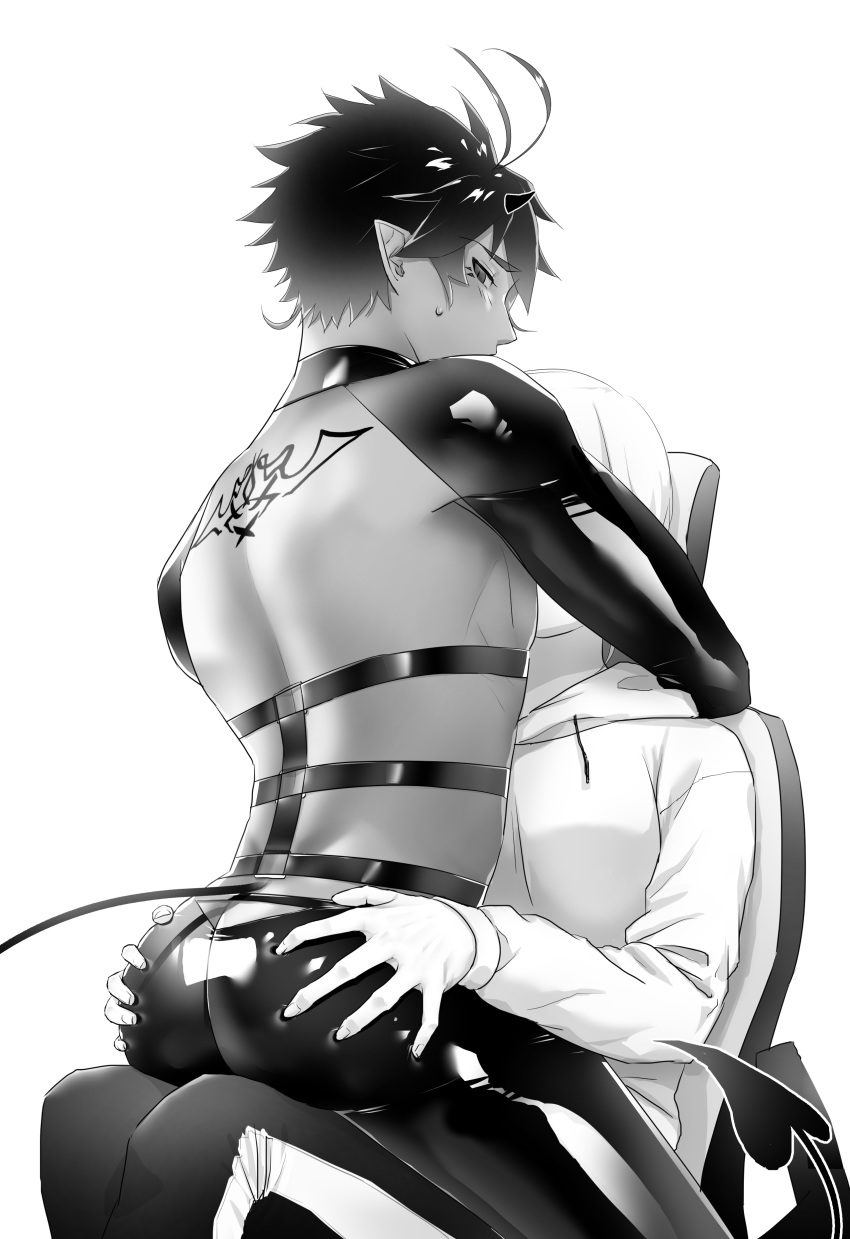 1boy 1girl absurdres ass ass_cutout ass_grab assertive backless_outfit blush butt_crack choker demon_boy demon_horns demon_tail greyscale hetero highres horns incubus leather leather_pants looking_back male_focus monochrome original pants pointy_ears shiohara_shinogi short_hair shrug_(clothing) simple_background solo_focus straddling sweatpants sweatshirt tail white_background