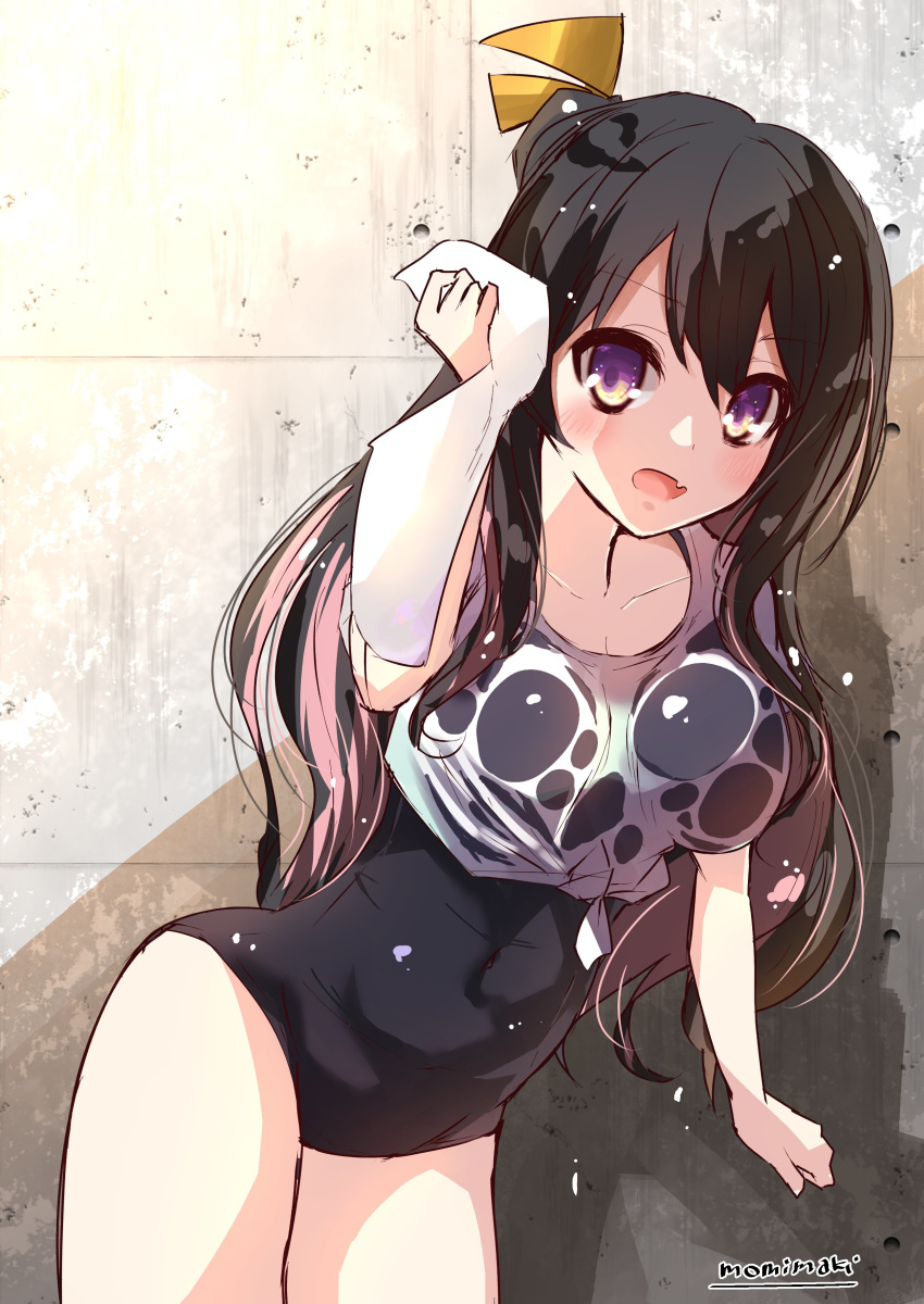 1girl :d absurdres alternate_costume artist_name black_hair blush breasts fang highres holding holding_towel kantai_collection large_breasts long_hair looking_at_viewer momiji_(103) multicolored_hair naganami_(kantai_collection) one-piece_swimsuit open_mouth pink_hair purple_eyes school_swimsuit see-through shirt smile solo swimsuit tied_shirt towel wet wet_clothes