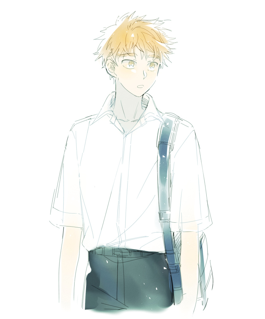 1boy bag black_pants bookbag highres male_focus mihashi_ren onigiri_booo ookiku_furikabutte orange_hair pants school_uniform shirt sketch solo standing white_background white_shirt