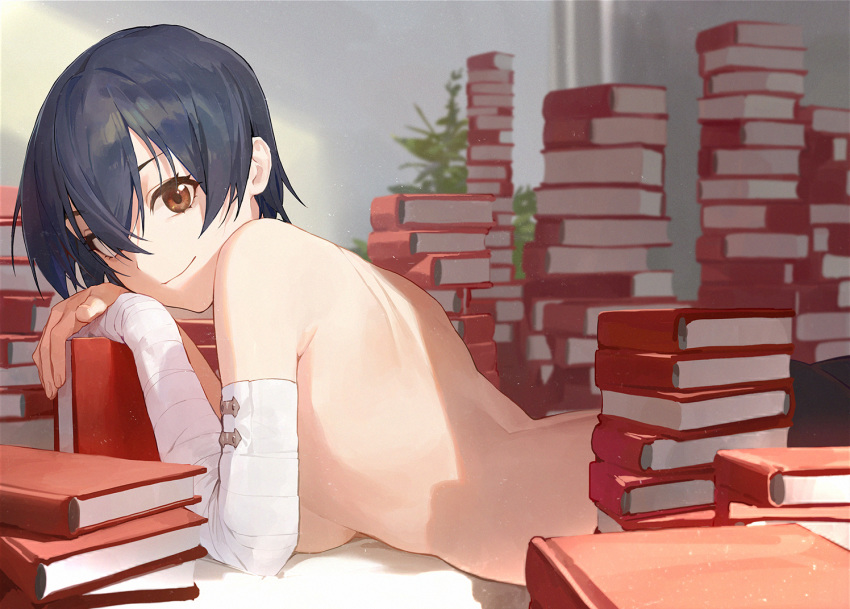 1girl back bakemonogatari bandaged_arm bandages bangs black_hair black_legwear book book_stack breasts brown_eyes closed_mouth commentary from_side hair_between_eyes kanbaru_suruga looking_at_viewer looking_to_the_side lying medium_breasts monogatari_(series) mossi on_stomach own_hands_together pantyhose short_hair sideboob smile solo too_many too_many_books topless