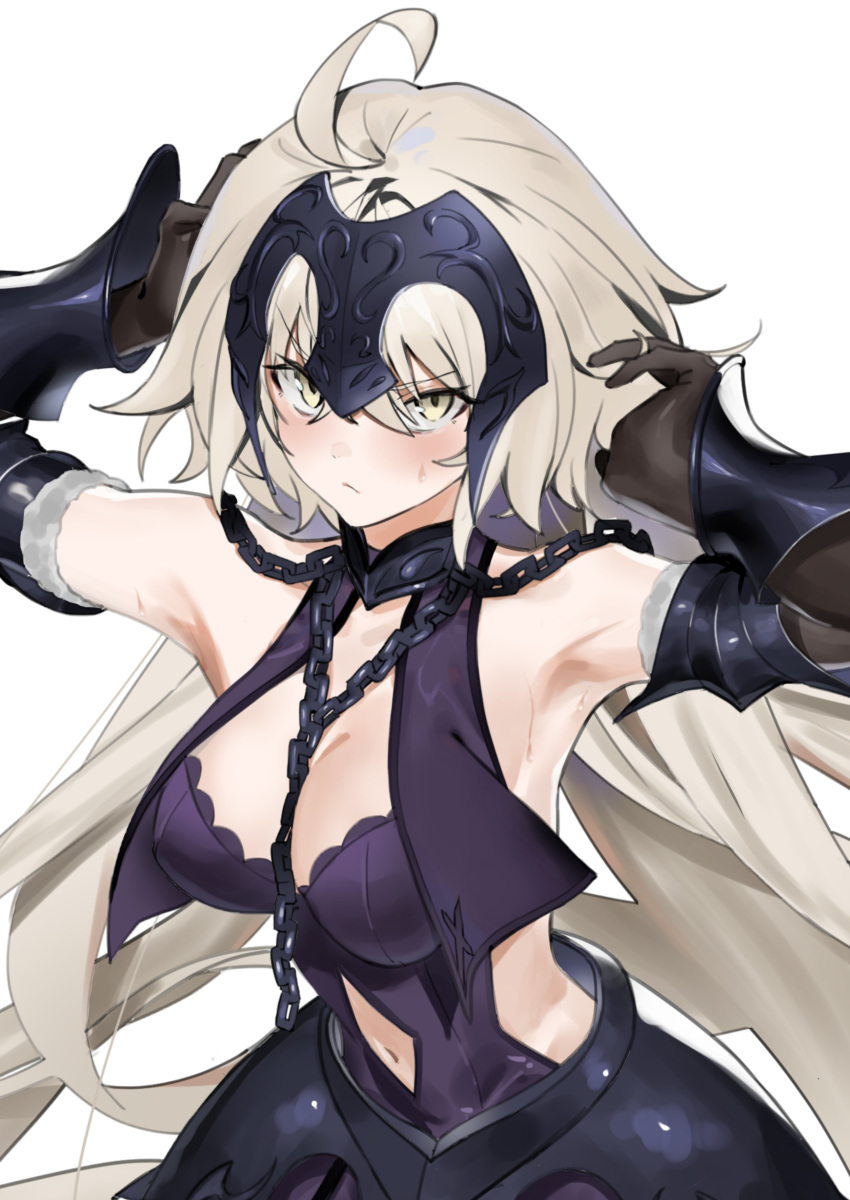 1girl absurdres ahoge armor armored_dress armpits arms_up bangs bare_shoulders black_gloves blackless blush breasts chain cleavage closed_mouth collar dress elbow_gloves fate/grand_order fate_(series) faulds gauntlets gloves hands_in_hair headpiece highres jeanne_d'arc_(alter)_(fate) jeanne_d'arc_(fate)_(all) jikatarou large_breasts long_hair looking_at_viewer metal_collar navel navel_cutout silver_hair yellow_eyes