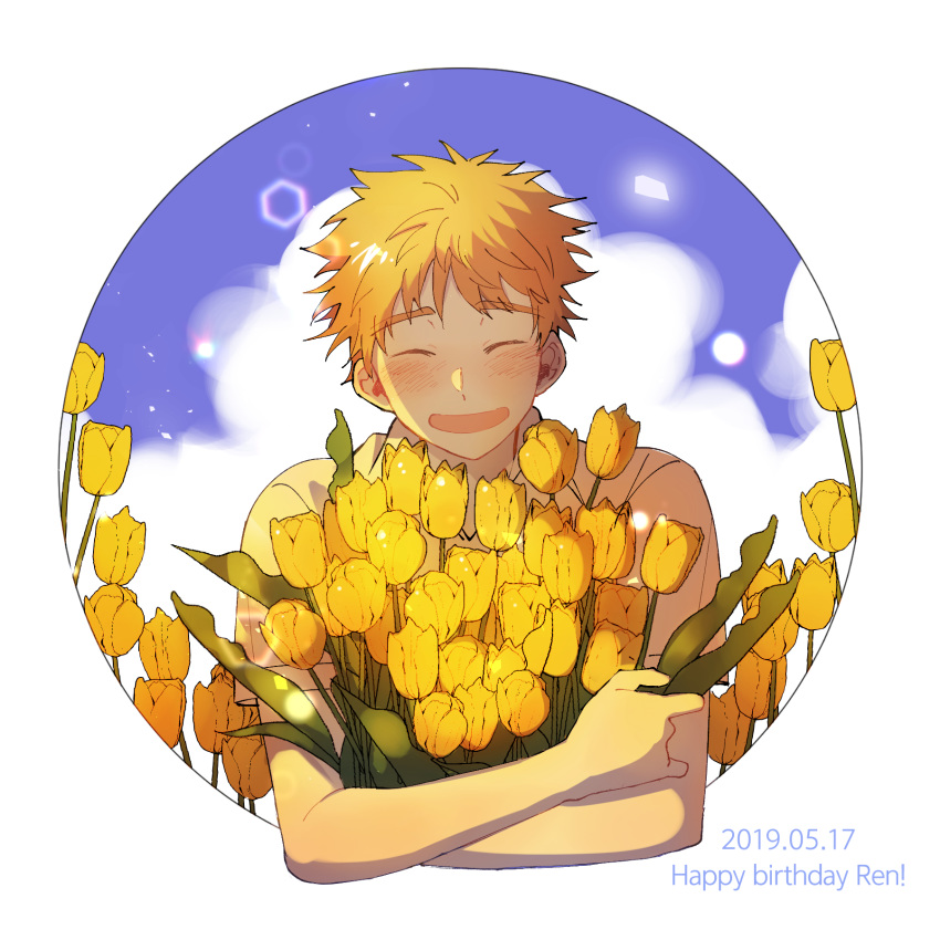 1boy :d character_name closed_eyes dated day facing_viewer flower happy_birthday highres holding holding_flower lens_flare male_focus mihashi_ren onigiri_booo ookiku_furikabutte open_mouth orange_hair outdoors smile solo tulip upper_body yellow_flower