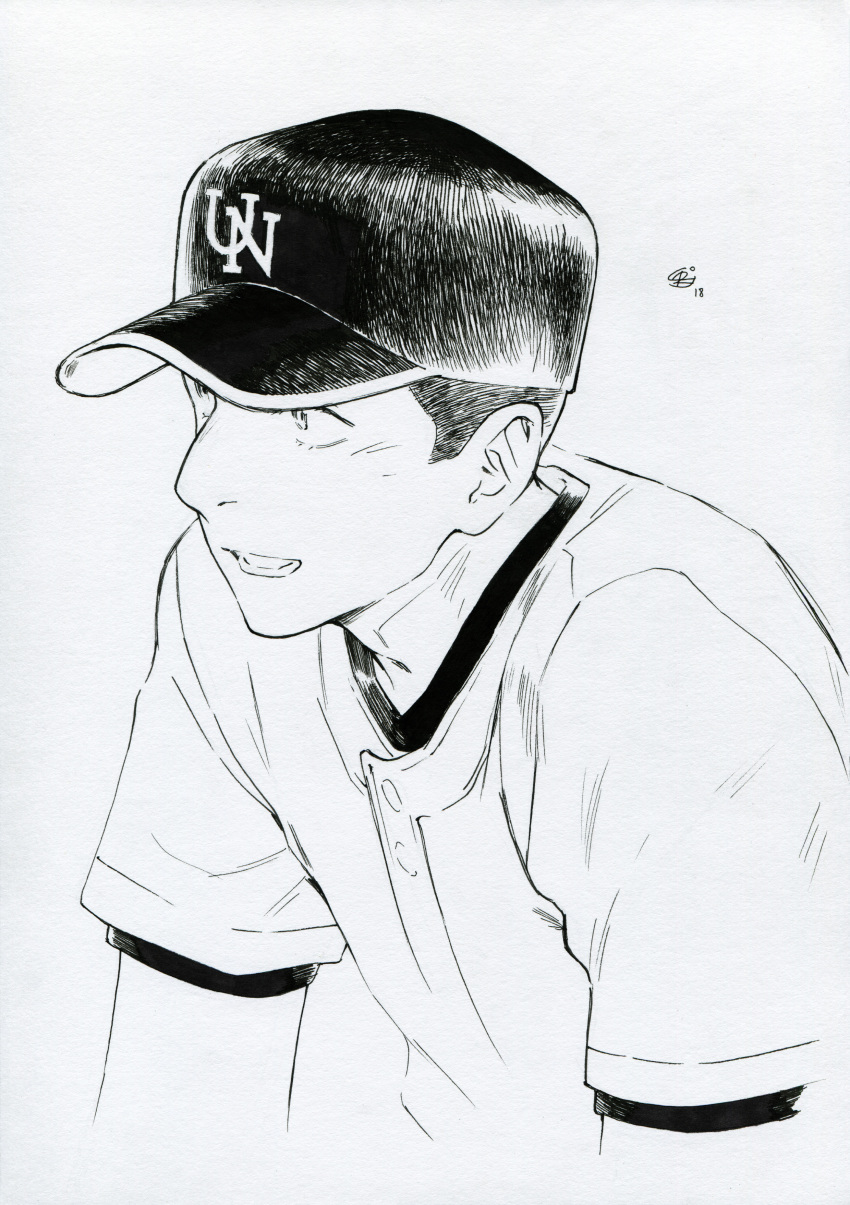 1boy :o absurdres baseball_cap chernotrav greyscale hat highres male_focus monochrome ookiku_furikabutte short_sleeves solo suyama_shouji