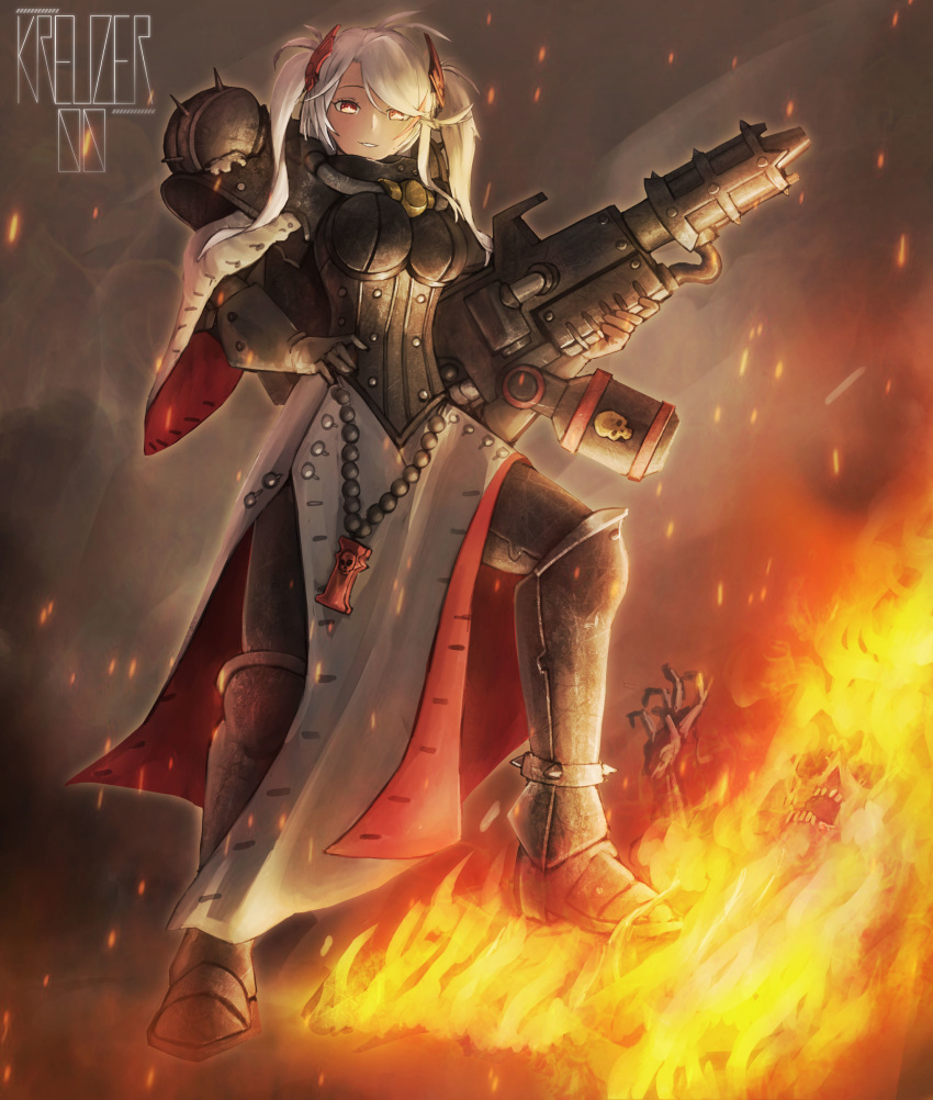 1girl absurdres ahoge armor azur_lane bangs burning commission crossover english_commentary fire flamethrower full_body grin highres kreuzer_00 looking_at_viewer medium_hair pelvic_curtain power_armor silver_hair sister_of_battle smile solo standing swept_bangs twintails warhammer_40k weapon yellow_eyes
