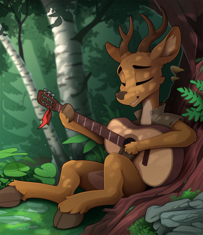 2020 acoustic_guitar against_tree anthro cervid clothing eyes_closed forest guitar hi_res mammal musical_instrument plucked_string_instrument scenery sitting smile solo string_instrument tree yakovlev-vad