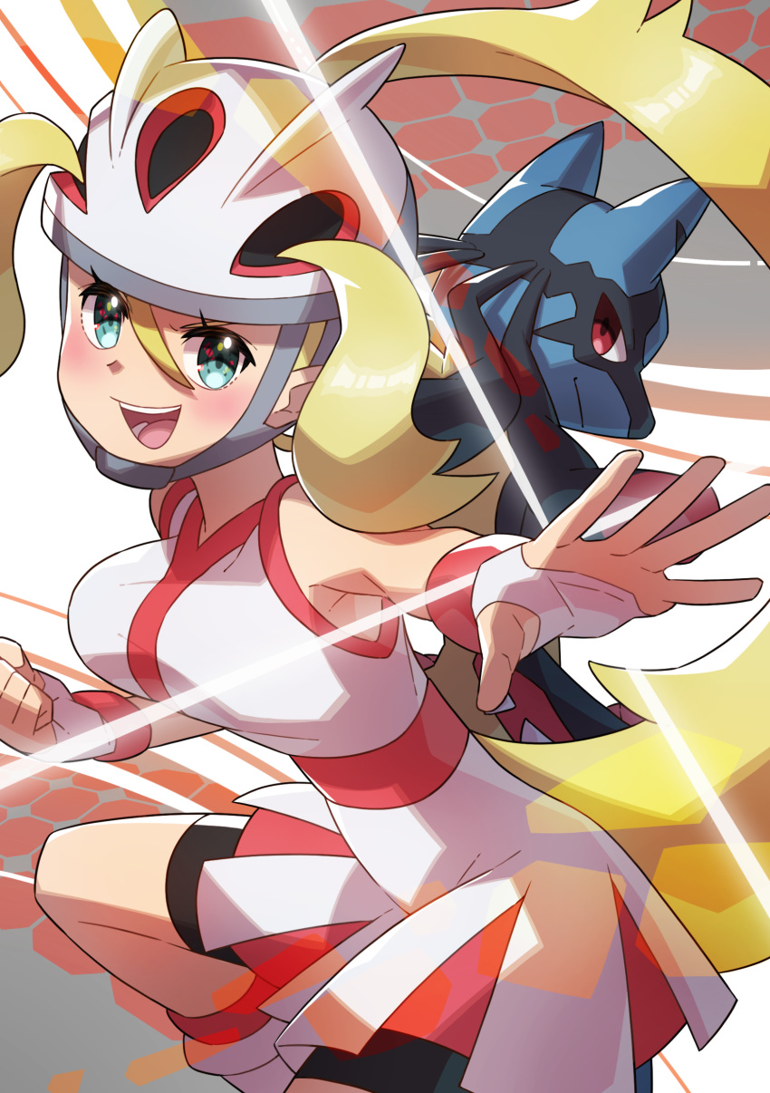 1girl :d absurdres aqua_eyes bare_shoulders bicycle_helmet bike_shorts blonde_hair blush breasts clenched_hand commentary_request dress eyelashes fingerless_gloves gen_4_pokemon gloves gym_leader helmet highres koruni_(pokemon) long_hair looking_at_viewer lucario mega_lucario mega_pokemon open_mouth outstretched_arm pokemon pokemon_(anime) pokemon_(creature) pokemon_xy_(anime) ponytail smile taisa_(lovemokunae) teeth tongue very_long_hair white_dress white_gloves