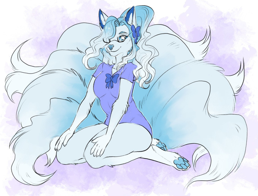 2020 alolan_ninetales anthro blue_body blue_fur blue_hair canid canine digital_media_(artwork) female fur gimka hair kneeling mammal ninetales nintendo pok&eacute;mon pok&eacute;mon_(species) regional_form_(pok&eacute;mon) solo video_games