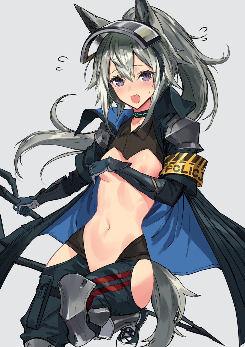1girl animal_ears arknights armband blue_coat blue_footwear blue_gloves blue_pants blush breasts brown_shirt coat collared_shirt covering covering_breasts cowboy_shot cross-laced_footwear embarrassed eyelashes gloves grani_(arknights) grey_background hair_between_eyes highres hip_vent holding holding_spear holding_weapon horse_ears horse_tail knee_guards leg_armor long_hair looking_at_viewer meme_attire midriff navel nipples open_clothes open_coat open_mouth pants polearm ponytail purple_eyes reverse_bunnysuit reverse_outfit shirt shoes sigm@ silver_hair simple_background small_breasts sneakers solo spear sweatdrop tail tears visor_cap wavy_mouth weapon