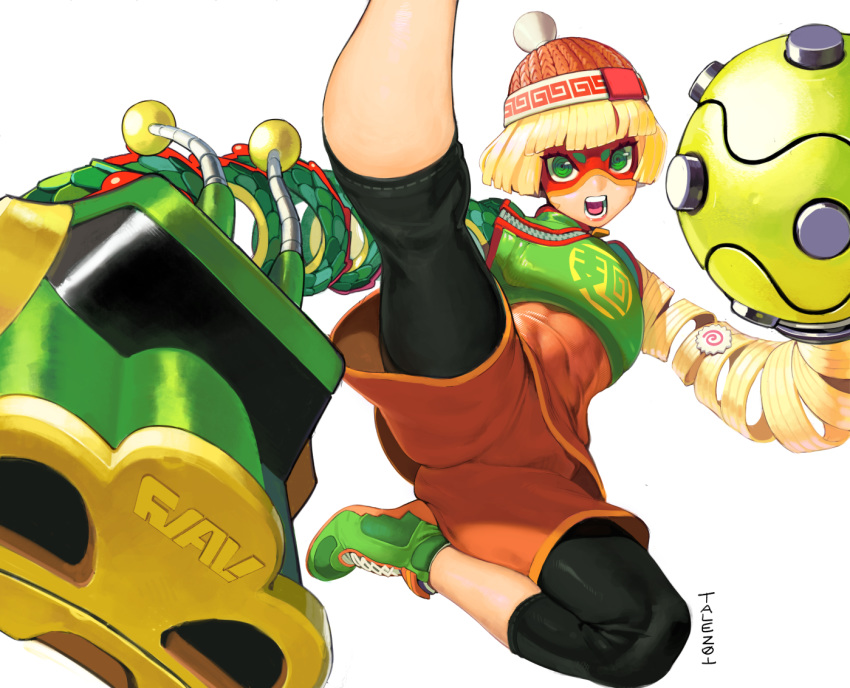 1girl abs al_bhed_eyes arms_(game) artist_name bangs beanie blonde_hair blunt_bangs bob_cut chinese_clothes commission domino_mask dragon_(arms) eyebrows_visible_through_mask flat_chest flying flying_kick green_eyes green_footwear hat high_kick kicking knit_hat legwear_under_shorts mandarin_collar mask megawatt_(arms) midair min_min_(arms) multicolored multicolored_clothes multicolored_headwear open_mouth orange_shorts pantyhose print_headwear punching_at_viewer ringed_eyes scale_armor shiny shiny_clothes shiny_hair shoelaces shoes short_hair shorts shorts_under_shorts signature simple_background sneakers solo talez01 thighs toned upshorts v-shaped_eyebrows white_background