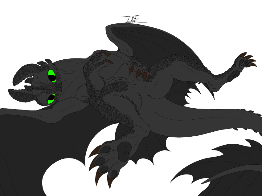 anthro black_body black_scales claws dragon dreamworks featureless_crotch flat_colors green_sclera hi_res how_to_train_your_dragon looking_at_viewer male membrane_(anatomy) membranous_wings muscular muscular_anthro muscular_male night_fury scales scalie signature simple_background solo spread_legs spreading ta-nightfuryart'97 toe_claws toothless western_dragon white_background wings