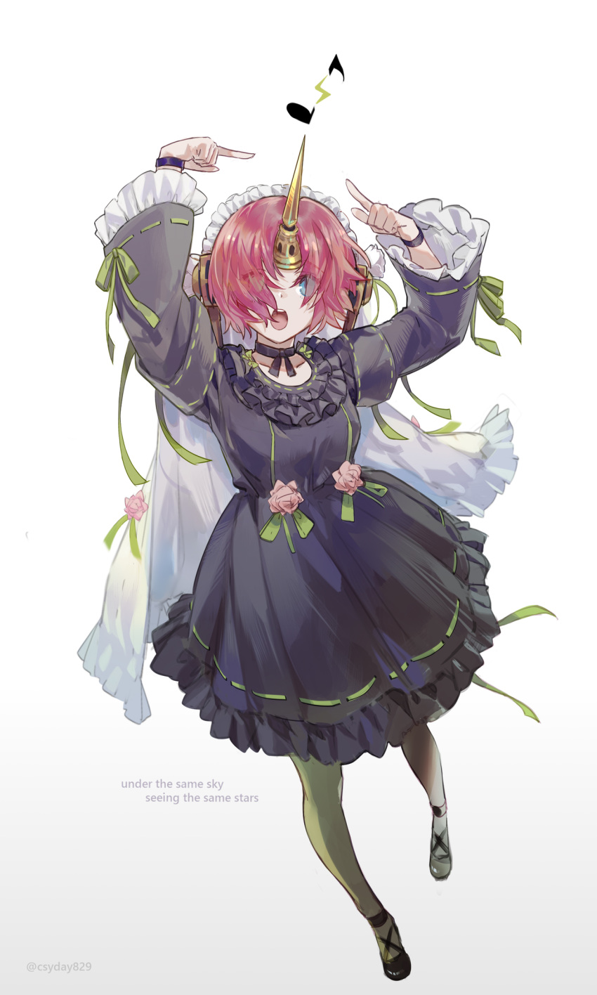 1girl artist_name bangs black_dress black_footwear blue_eyes bow breasts choker commentary_request csyday dress english_text fate/grand_order fate_(series) flower frankenstein's_monster_(fate) frilled_dress frills full_body green_legwear hair_ornament hair_over_eyes highres horns long_sleeves looking_at_viewer open_mouth pantyhose pink_hair puffy_sleeves ribbon shoes short_hair simple_background single_horn smile solo teeth white_background