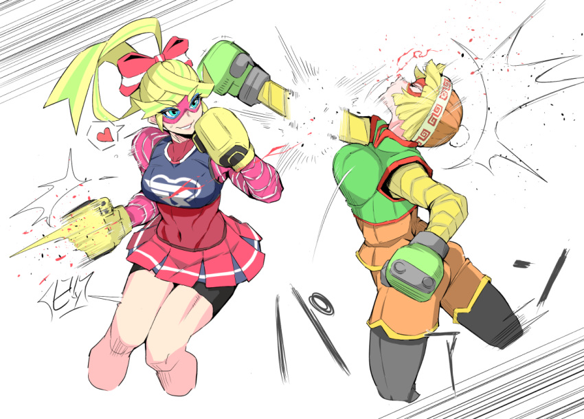 2girls abs aqua_eyes arms_(game) ass bangs battle beanie bike_shorts black_legwear bleeding blood bloody_nose blue_bra boxing boxing_gloves bra breasts chinese_clothes clip_studio_paint_(medium) covered_navel cropped_legs crosscounter crossed_bangs domino_mask eyebrows_visible_through_hair eyebrows_visible_through_mask fighting_stance gloves green_gloves grin hair_ribbon hat heart injury knit_hat large_breasts leggings legwear_under_shorts looking_at_another looking_away mandarin_collar mask min_min_(arms) motion_lines multicolored multicolored_clothes multicolored_hair multicolored_headwear multiple_girls nexas orange_shorts pantyhose pink_sleeves pleated_skirt ponytail print_headwear red_ribbon ribbed_sleeves ribbon ribbon_girl_(arms) ribbon_hair shorts simple_background skirt smile speech_bubble speed_lines sports_bra streaked_hair striped striped_ribbon thick_eyebrows thighs toned translation_request underwear white_background yellow_gloves yellow_sleeves