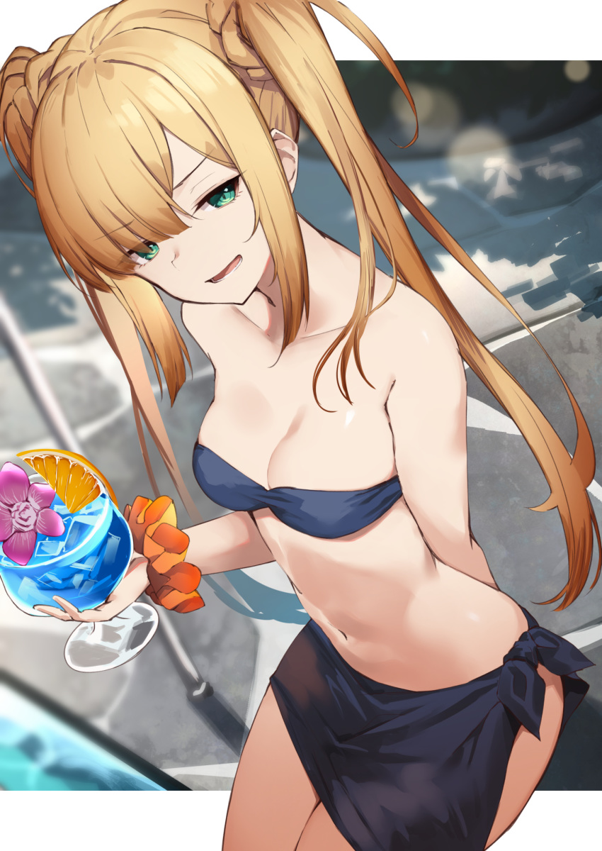 1girl :d alternate_hairstyle bare_shoulders bikini black_bikini blonde_hair blue_eyes blue_hawaii breasts cleavage fate_(series) highres holding long_hair looking_at_viewer lord_el-melloi_ii_case_files medium_breasts navel open_mouth reines_el-melloi_archisorte sidelocks smile smug solo stomach strapless strapless_bikini swimsuit twintails very_long_hair yuuuuu